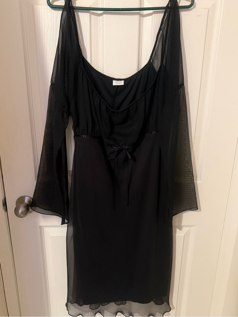 Suzy Shier Black Sheer-Overlay Long Sleeve Dress